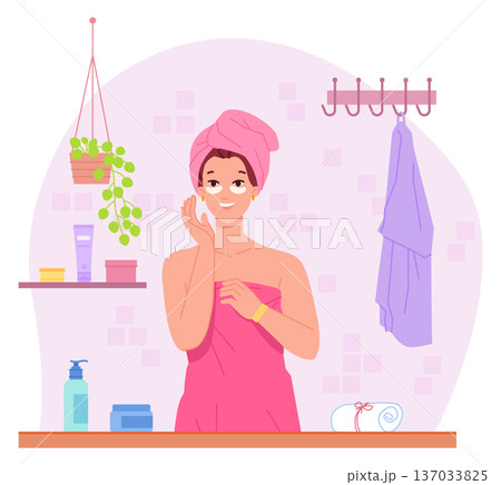 Woman apply eye skin care cream. Beauty routine 137033825