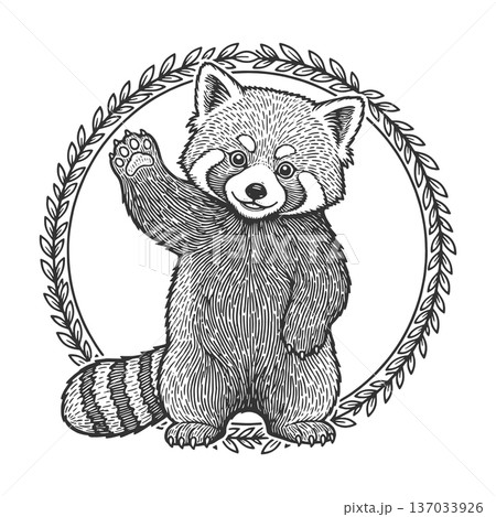 Cute Red Panda Waving Cartoon engraving vector 137033926