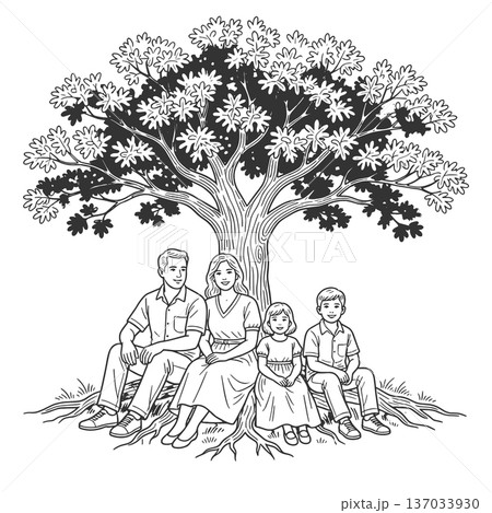 Happy Family Sitting Under Large Tree vector 137033930