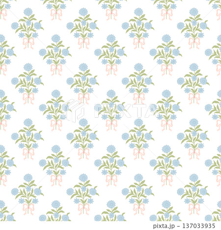 Blue floral block print seamless pattern. Vector small flower bouquet and pink bows romantic damask background. Blue floral block print seamless pattern. Vector small flower bouquet and pink bows romantic damask background. 137033935