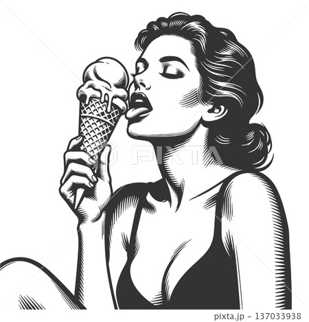 Woman Licking Ice Cream Cone raster illustration Woman Licking Ice Cream Cone raster illustration 137033938