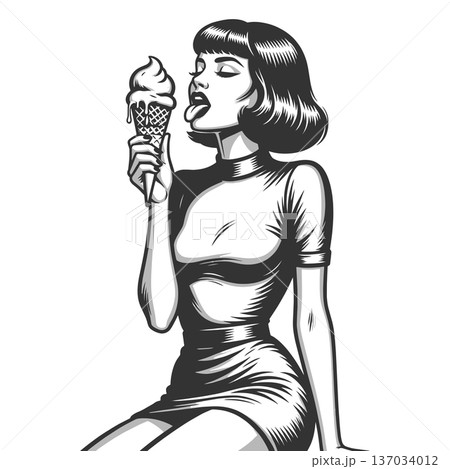 Woman Licking Ice Cream Cone vector illustration 137034012