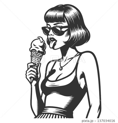Girl in sunglasses licking melting ice cream 137034016
