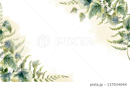 Fern leaves,ivy twigs in corner frame of mysterious,designed as a forest themed card template.Watercolor,delicate details,nature border for wedding invitations,woodland branding,magical storytelling 137034044