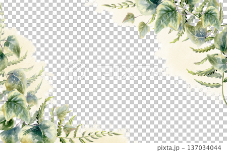 Fern leaves,ivy twigs in corner frame of mysterious,designed as a forest themed card template.Watercolor,delicate details,nature border for wedding invitations,woodland branding,magical storytelling 137034044