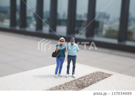 Miniature couple stands together on elevated outdoor platform 137034089