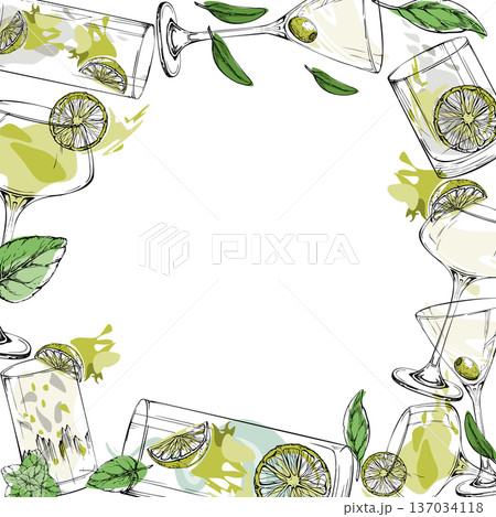 Vector frame with martini, mojito, daiquiri and margarita in bright citrus tones. Ink hand drawn for cocktail menu borders, party invites, social banners, bar signage and modern layout dividers. 137034118