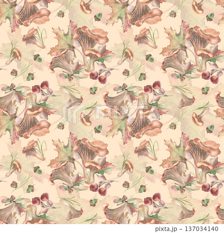 Rustic forest seamless pattern with acorns, chanterelles, and wild apples on beige. Hand drawn watercolor endless print for packaging, textile and autumn festive backgrounds. Cozy woodland repeat. 137034140