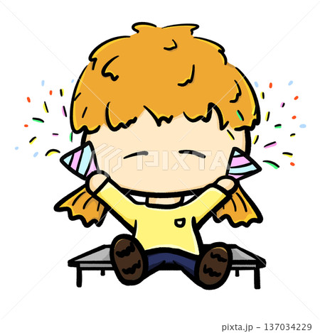 Little girl sitting on a bench holds party horns cheering cartoon illustration 137034229