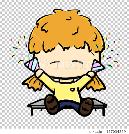 Little girl sitting on a bench holds party horns cheering cartoon illustration 137034229