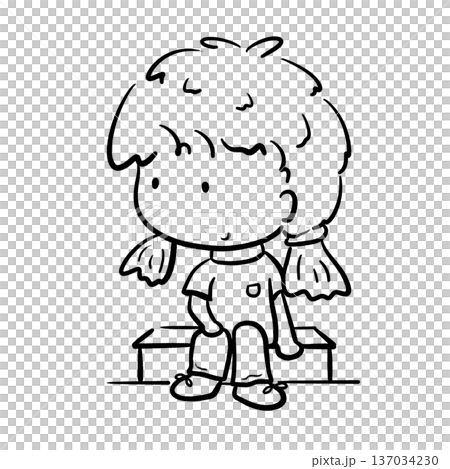 Little girl sitting on a bench looking right cartoon outline illustration Little girl sitting on a bench looking right cartoon outline illustration 137034230