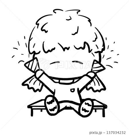 Little girl sitting on a bench holds party horns cheering cartoon outline illustration 137034232