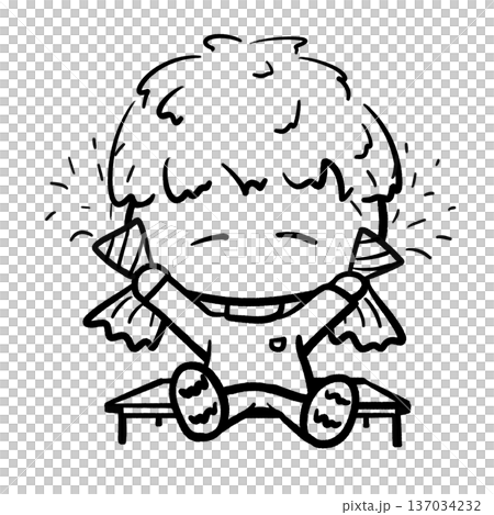 Little girl sitting on a bench holds party horns cheering cartoon outline illustration 137034232