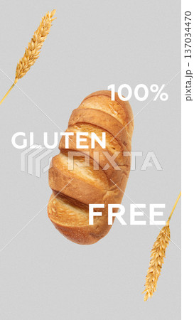 Bread labeled as 100 percent gluten free with wheat stalks shown on each side for Easter celebration 137034470