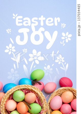 Happy Easter celebration with colorful eggs and decorations in a cheerful setting Happy Easter celebration with colorful eggs and decorations in a cheerful setting 137034485