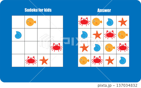 Sudoku game with ocean animals for children, easy level, education game for kids, preschool worksheet activity, task for the development of logical thinking, vector illustration Sudoku game with ocean animals for children, easy level, education game for kids, preschool worksheet activity, task for the development of logical thinking, vector illustration 137034832
