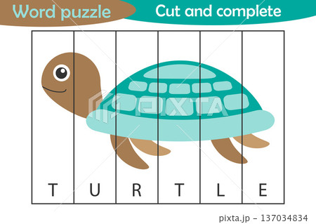 Word puzzle, turtle in cartoon style, education game for development of preschool children, use scissors, cut parts of the image and complete the picture, vector illustration 137034834