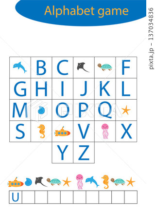 Underwater alphabet game for children, make a word, preschool worksheet activity for kids, educational spelling scramble game for the development of children, vector illustration 137034836