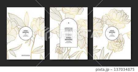 Luxury white background, elegant gold floral line pattern, leaves, flowers. Vector design wedding invitations, gala dinners, wine labels, birthday cards, tropical event flyers 137034875