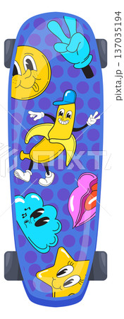 Kid skateboard with funny stickers. Urban street style Kid skateboard with funny stickers. Urban street style 137035194