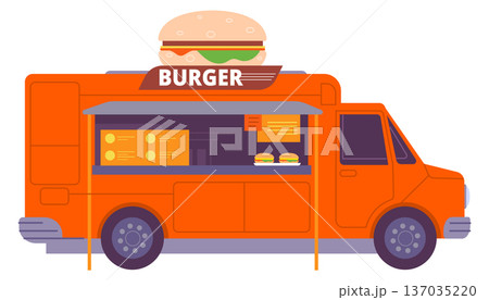 Burger food truck. Festival vendor cartoon icon Burger food truck. Festival vendor cartoon icon 137035220