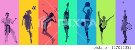 Colorful duotone kids sports composition in vertical stripe layout featuring expressive studio action poses. Colorful duotone kids sports composition in vertical stripe layout featuring expressive studio action poses. 137035355