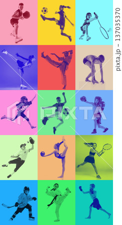 Colorful duotone kids sports collage with dynamic studio poses and bold gradient backgrounds 137035370