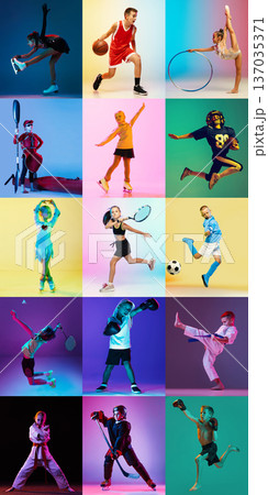 Vibrant kids sports collage in colorful studio lighting with dynamic action poses 137035371