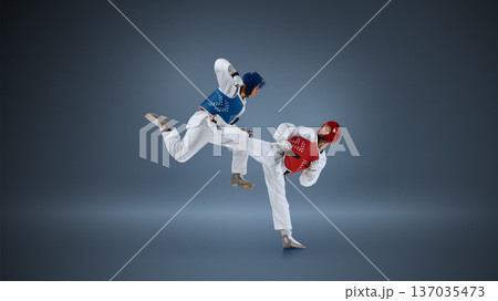 Taekwondo competitors executing high kick and counterattack in studio with red and blue body protectors. 137035473