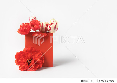 Red shopping and gift bag with red tulip flowers. Concept Valentine's day, gift package and delivery. Sale, shopping, promotion, pleasant surprises, black friday Red shopping and gift bag with red tulip flowers. Concept Valentine's day, gift package and delivery. Sale, shopping, promotion, pleasant surprises, black friday 137035759