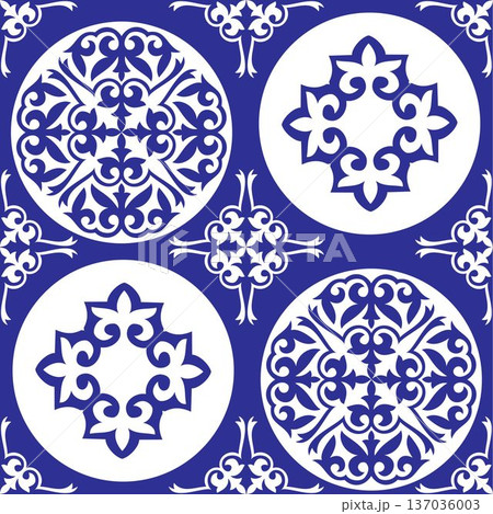 Pattern of white arabesque ikat-inspired designs set against a deep royal blue background, suitable for tiling, textile. Seamless pattern with decorative ornament. 137036003