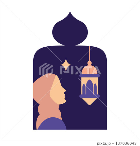 Muslim woman in hijab and lantern flat color illustration 137036045