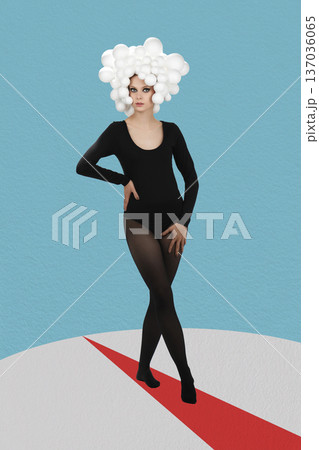 Woman wearing bubble wig walking red carpet surreal scene 137036065