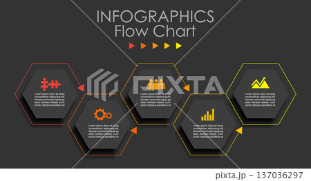 Modern infographic flow chart with colorful hexagons, arrows, and icons for business process visualization. Vector illustration. Modern infographic flow chart with colorful hexagons, arrows, and icons for business process visualization. Vector illustration. 137036297