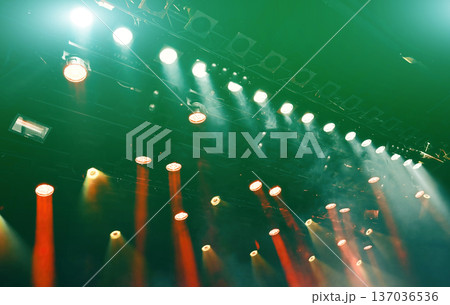 glowing ceiling green spotlights working during the musical concert glowing ceiling green spotlights working during the musical concert 137036536
