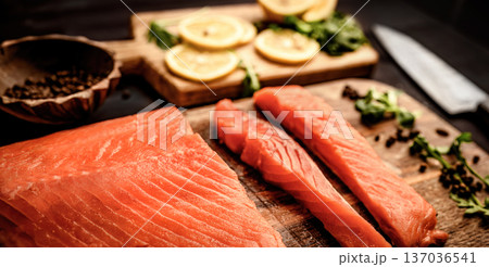 fillet of salmon red fish with herbs and lemon ready for cooking fillet of salmon red fish with herbs and lemon ready for cooking 137036541