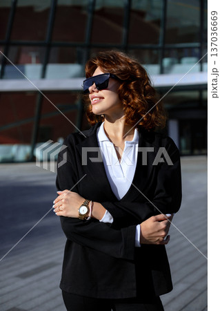Professional Businesswoman Full Body Pose Near Corporate Office Building 137036669