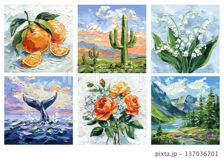 Impasto painting set of six nature artworks with orange cactus lily of the valley whale tail roses and mountain lake scenes 137036701