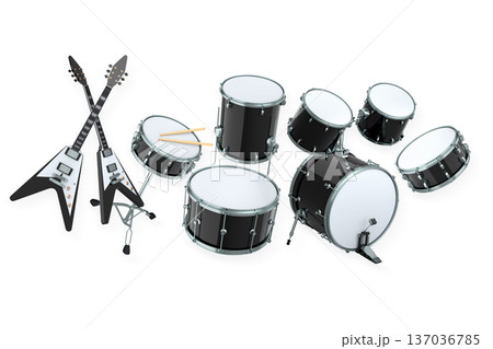 Set of electric acoustic guitars and drums with cymbals on white background Set of electric acoustic guitars and drums with cymbals on white background 137036785