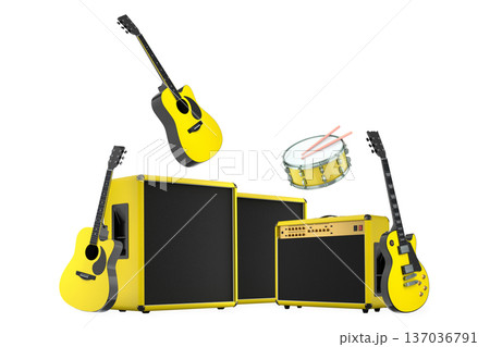 Set of electric acoustic guitars and drums with cymbals on white background Set of electric acoustic guitars and drums with cymbals on white background 137036791