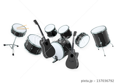 Set of electric acoustic guitars and drums with cymbals on white background 137036792
