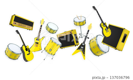 Set of electric acoustic guitars and drums with cymbals on white background 137036796