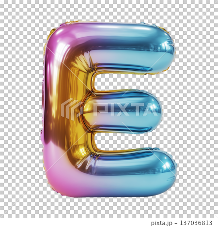 Multicolor metallic inflated balloon letter E shown in glossy style isolated on white background, celebration and festive concept Multicolor metallic inflated balloon letter E shown in glossy style isolated on white background, celebration and festive concept 137036813