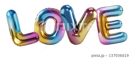 Multicolor metallic LOVE balloon letters shown in glossy style isolated on white background, symbolizing celebration and fun Multicolor metallic LOVE balloon letters shown in glossy style isolated on white background, symbolizing celebration and fun 137036819