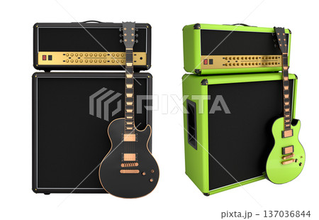 Set of amplifier with acoustic guitar isolated on white background. 137036844