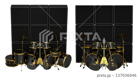 Set of realistic drums with metal cymbals or drumset and amplifier on white Set of realistic drums with metal cymbals or drumset and amplifier on white 137036846