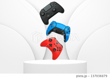 Colorful gaming controllers joystick levitating over podium against abstract background, minimalist concept device on pedestal 137036879