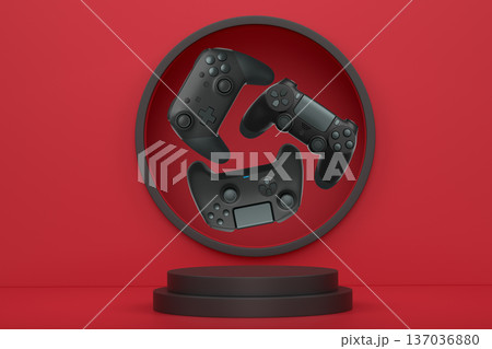 Colorful gaming controllers joystick levitating over podium against abstract background, minimalist concept device on pedestal Colorful gaming controllers joystick levitating over podium against abstract background, minimalist concept device on pedestal 137036880