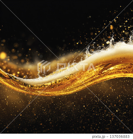 Golden foamy liquid splash and golden beer wave with frothy bubbles on dark background, concept of freshness, energy and vitality 137036883