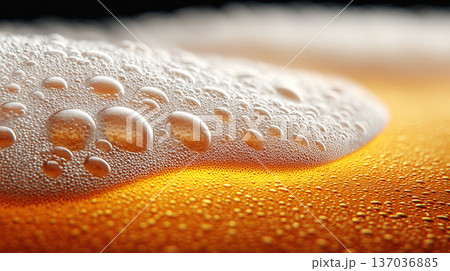 Closeup view of curved beer foam and golden bubbles on warm blurred background, expressing freshness concept 137036885